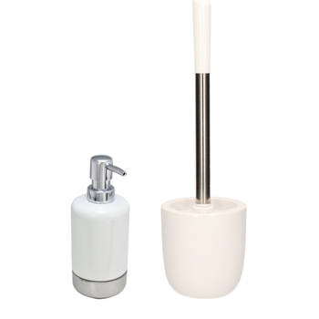 WC-/toiletborstel en houder dolomiet wit met zeeppompje 300 ml - Badkameraccessoireset