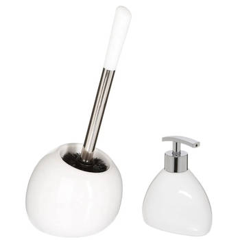 WC-/toiletborstel en houder - wit - met zeeppompje 300 ml - Badkameraccessoireset