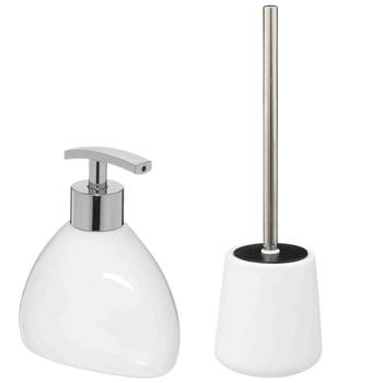 WC-/toiletborstel en houder - zandsteen wit - met zeeppompje - Badkameraccessoireset