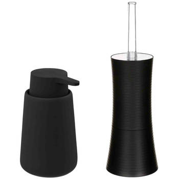 WC-/toiletborstel met houder - kunststof zwart - en zeeppompje 250 ml - Badkameraccessoireset