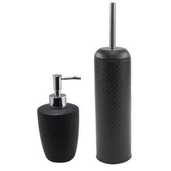 WC-/toiletborstel en houder kunststof zwart met zeeppompje 400 ml - Badkameraccessoireset