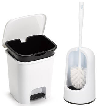 WC-/toiletborstel en houder - wit - met kleine pedaalemmer 7.5 liter - Badkameraccessoireset