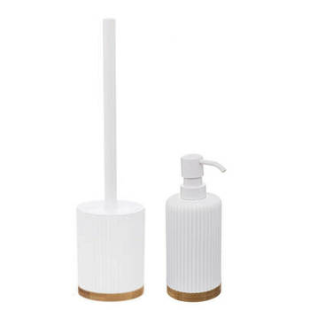 Toiletborstel met houder wit 40 cm met zeeppompje 270 ml polyresin - Badkameraccessoireset
