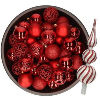 Kerstversiering- 38-dlg- rood -kunststof kerstballen en glas piek - Kerstbal