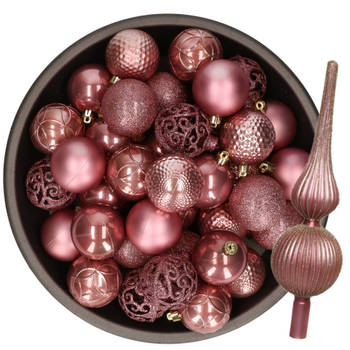 Kerstversiering- 38-dlg- oudroze -kunststof kerstballen en glas piek - Kerstbal