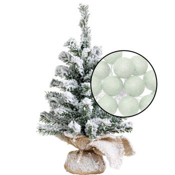 Mini kerstboom - besneeuwd -H45 cm - met lichtsnoer lichtgroen - Kunstkerstboom