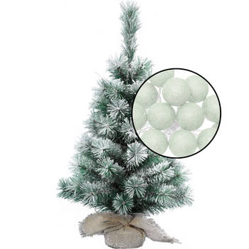 Mini kerstboom - besneeuwd -H60 cm - met lichtsnoer lichtgroen - Kunstkerstboom