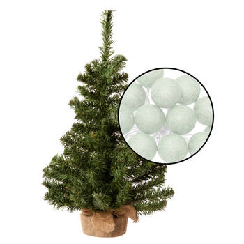 Kleine kunst kerstboom - H60 cm- incl. lichtsnoer met balletjes lichtgroen - Kunstkerstboom
