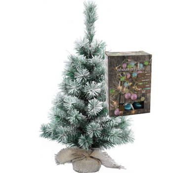 Mini kerstboom - besneeuwd - met gekleurde kerstballen verlichting - H60 cm - Kunstkerstboom
