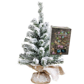 Mini kerstboom - besneeuwd - met gekleurde kerstballen verlichting - H45 cm - Kunstkerstboom