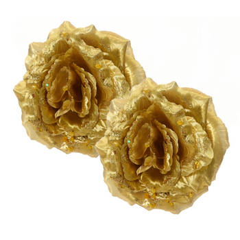 Decoris Kerstboom bloemen - 2x st - goud - 14 cm - op clip - Kersthangers