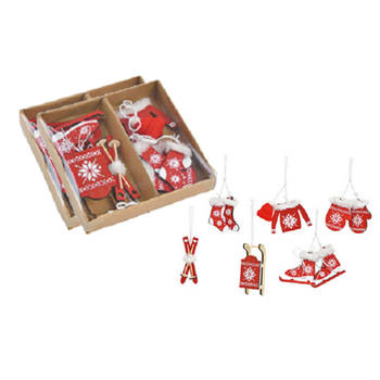 12x stuks houten kersthangers rood/wit wintersport thema kerstboomversiering - Kersthangers