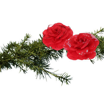 2x stuks kerstboom decoratie bloemen rozen rood op clip 9 cm - Kersthangers