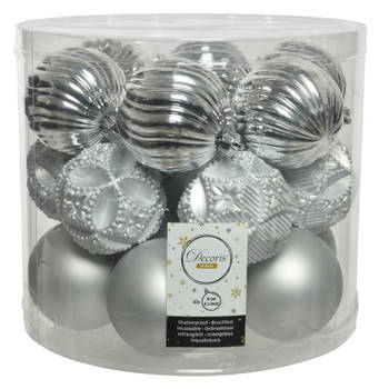 40x stuks luxe kunststof kerstballen zilver mix 8 cm - Kerstbal