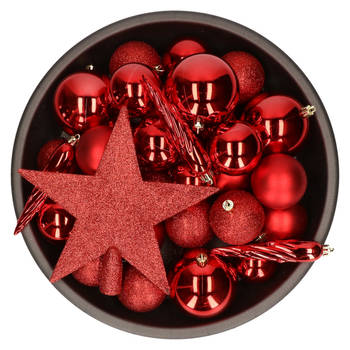 33x stuks kunststof kerstballen rood met ster piek 5-6-8 cm mix - Kerstbal