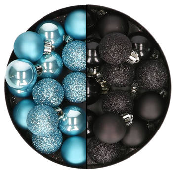 Kleine kerstballen - 28x st - zwart en ijsblauw - 3 cm - kunststof - Kerstbal