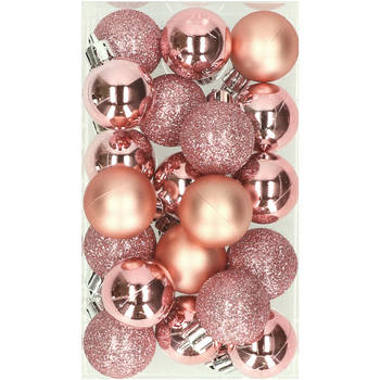 20x stuks kleine kunststof kerstballen roze 3 cm mat/glans/glitter - Kerstbal