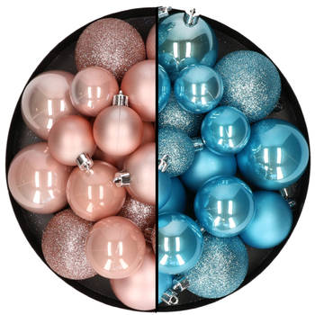 Kerstballen 60x stuks - mix lichtroze/ijsblauw - 4-5-6 cm - kunststof - Kerstbal