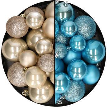 Kerstballen 60x stuks - mix ijsblauw/champagne - 4-5-6 cm - kunststof - Kerstbal