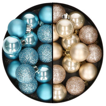 Kleine kerstballen - 28x st - champagne en ijsblauw - 3 cm - kunststof - Kerstbal
