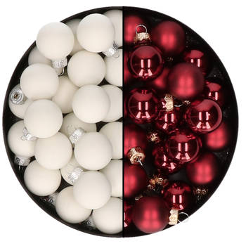 Mini kerstballen - 48x st - donkerrood en satijn wit - 2,5 cm - glas - Kerstbal
