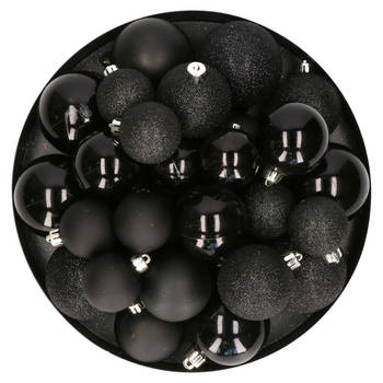 Kerstballen - 30x - zwart - 4, 5, 6 cm - kunststof - mat-glans-glitter - Kerstbal