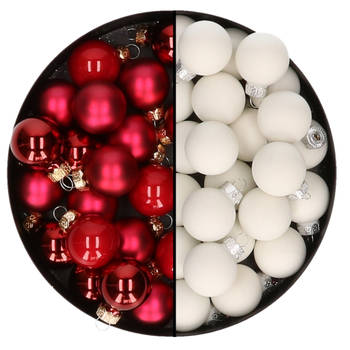 Mini kerstballen - 48x st - rood en satijn wit - 2,5 cm - glas - Kerstbal
