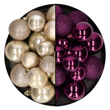 Kerstballen 60x stuks - mix paars/champagne - 4-5-6 cm - kunststof - Kerstbal