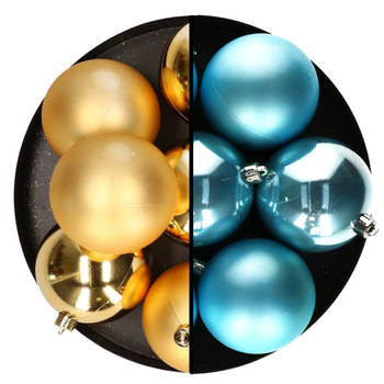 Decoris kerstballen - 12x st - 8 cm - goud en blauw - kunststof - Kerstbal