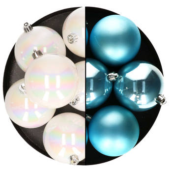 Decoris kerstballen - 12x st - 8 cm - parelmoer en blauw - kunststof - Kerstbal