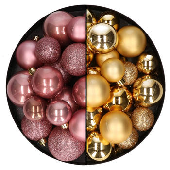 Decoris kerstballen 60x - mix goud/oudroze - 4-5-6 cm - kunststof - Kerstbal