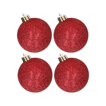 4x stuks kunststof glitter kerstballen rood 10 cm - Kerstbal