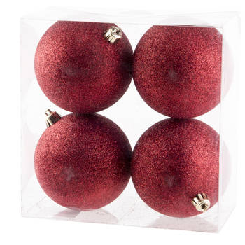 4x Kunststof kerstballen glitter rood 10 cm kerstboom versiering/decoratie - Kerstbal