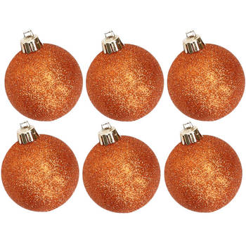 6x stuks kunststof glitter kerstballen oranje 8 cm - Kerstbal