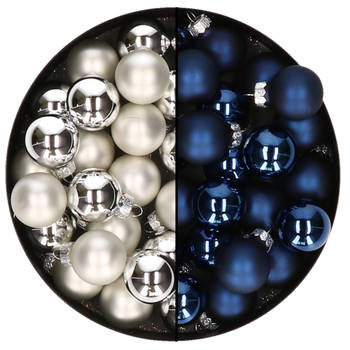 Mini kerstballen - 48x st - zilver en donkerblauw - 2,5 cm - glas - Kerstbal