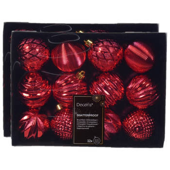 Decoris luxe kerstballen 24x - 6 cm - kunststof -rood - Kerstbal