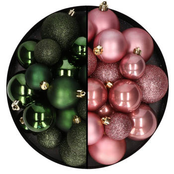 Kerstballen 60x stuks - mix donkergroen/oudroze - 4-5-6 cm - kunststof - Kerstbal