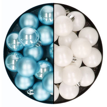 Kleine kerstballen 32x stuks - mix winter wit en ijsblauw - 4 cm - kunststof - Kerstbal
