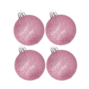 4x stuks kunststof glitter kerstballen roze 10 cm - Kerstbal