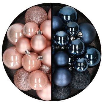Kerstballen 60x stuks - mix lichtroze/donkerblauw - 4-5-6 cm - kunststof - Kerstbal