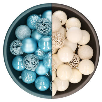 Decoris kerstballen - 74x st - wol wit en ijsblauw - 6 cm - kunststof - Kerstbal