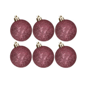 6x stuks kunststof glitter kerstballen aubergine roze 6 cm - Kerstbal