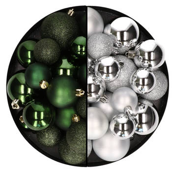 Kerstballen 60x stuks - mix donkergroen/zilver - 4-5-6 cm - kunststof - Kerstbal