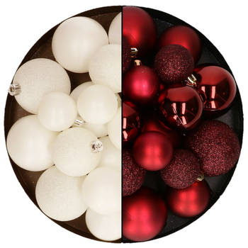 Kerstballen 60x stuks - mix donkerrood/wol wit - 4-5-6 cm - kunststof - Kerstbal