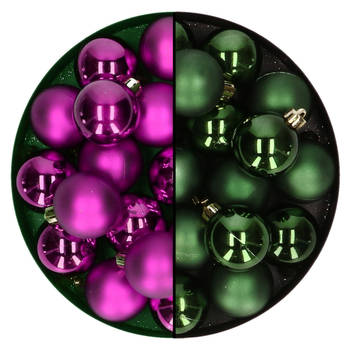 Kleine kerstballen 32x stuks - mix donkergroen en paars - 4 cm - kunststof - Kerstbal