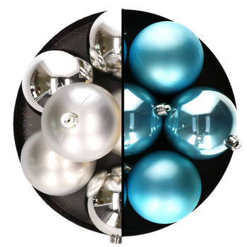 Decoris kerstballen - 12x st - 8 cm - zilver en blauw - kunststof - Kerstbal