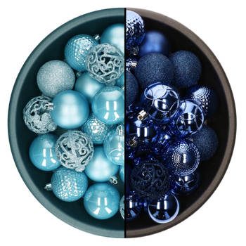 Decoris kerstballen - 74x st - kobalt blauw en ijsblauw - 6 cm - kunststof - Kerstbal