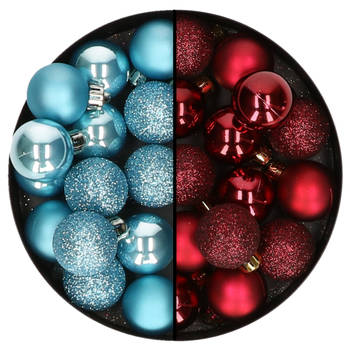 Kleine kerstballen - 28x st - donkerrood en ijsblauw - 3 cm - kunststof - Kerstbal