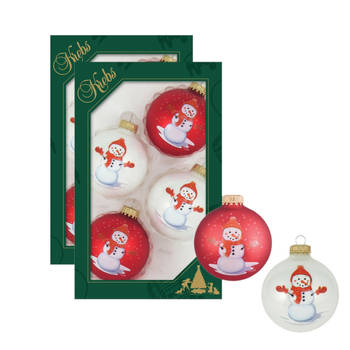 8x stuks luxe glazen kerstballen 7 cm wit en rood met sneeuwpop - Kerstbal