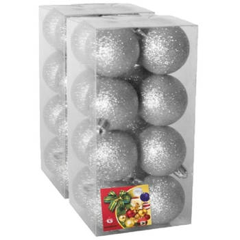 32x stuks kerstballen zilver glitters kunststof 5 cm - Kerstbal